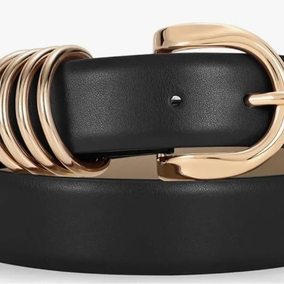 Elegant Brown and Black Leather Belt set with Gold Buckle - Picture 4 of 4